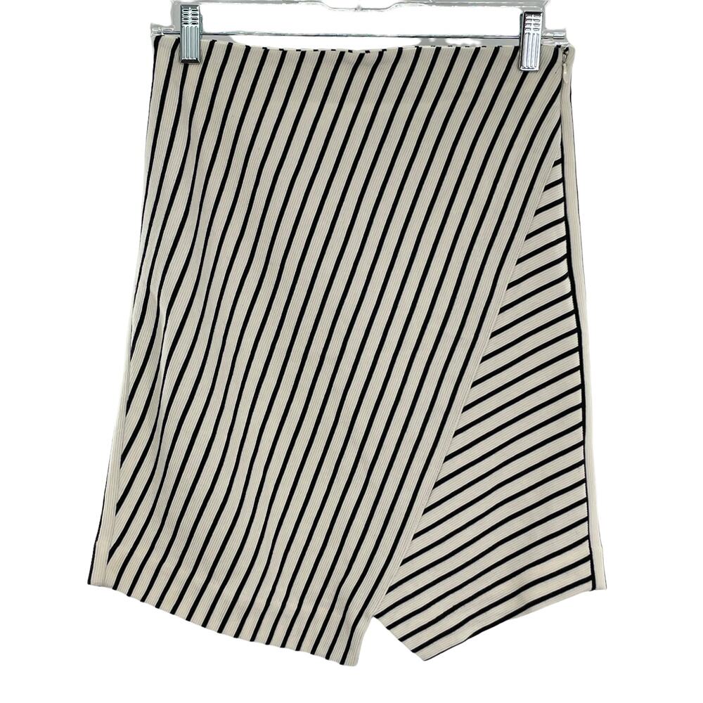 LOFT Black White Striped Asymmetrical Hem Faux Wrap Knit Stretch Mini Skirt XS